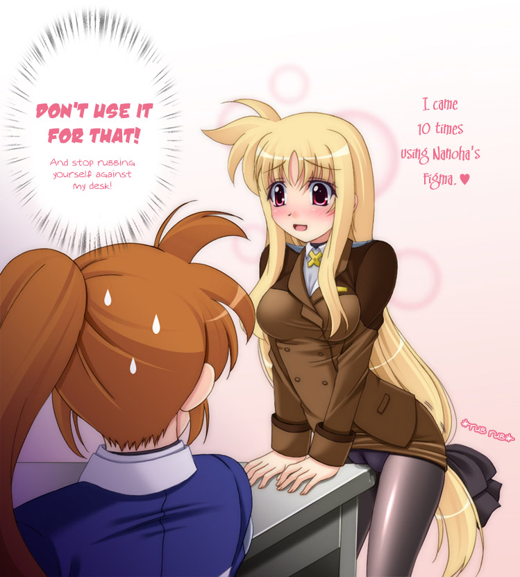 narutaki shin, fate testarossa, takamachi nanoha, lyrical nanoha, mahou shoujo lyrical nanoha, mahou shoujo lyrical nanoha strikers, hard-translated, third-party edit, translated, 00s, 2girls, blonde hair, blush, brown hair, caught, clothed masturbation, crotch rub, desk, embarrassed, female masturbation, long hair, low-tied long hair, masturbation, multiple girls, panties, panties under pantyhose, pantyhose, pink background, pussy juice, pussy juice drip through clothes, sound effects, sweat, table humping, text focus, underwear, wet, wet clothes, wet panties, wet pantyhose, yuri