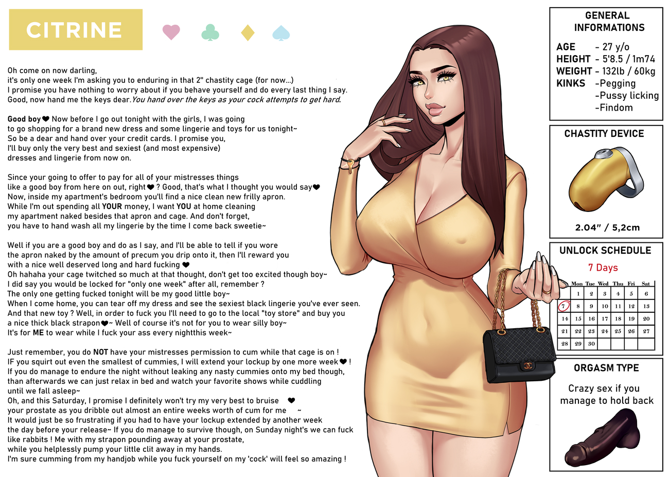 otto cubze, citrine (otto cubze), original, 1girl, breasts, brown hair, character name, character profile, covered erect nipples, covered navel, dildo, dress, huge breasts, long hair, looking at viewer, sex toy, solo, unworn chastity cage, yellow dress