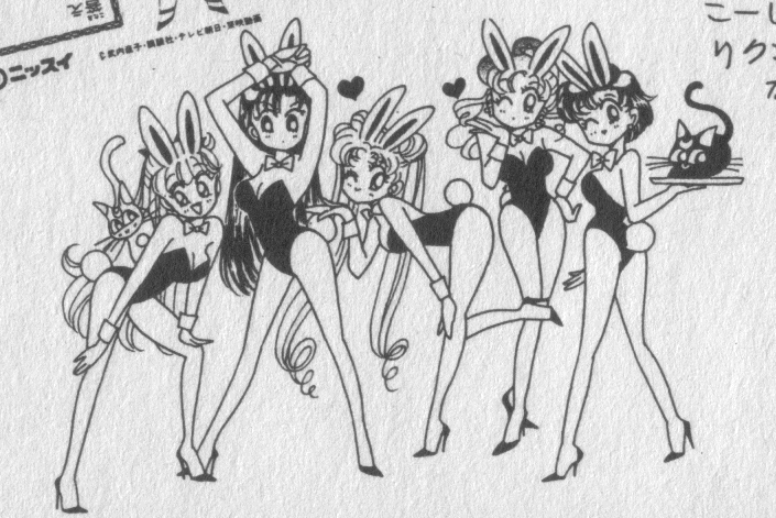takeuchi naoko, aino minako, artemis (sailor moon), hino rei, kino makoto, luna (sailor moon), mizuno ami, tsukino usagi, bishoujo senshi sailor moon, official art, 1990s (style), 5girls, animal ears, black cat, breasts, cat, cleavage, fake animal ears, greyscale, hand on own hip, high contrast, high heels, legs apart, monochrome, multiple girls, playboy bunny, rabbit ears, rabbit tail, retro artstyle, shoes, standing, tail, twintails