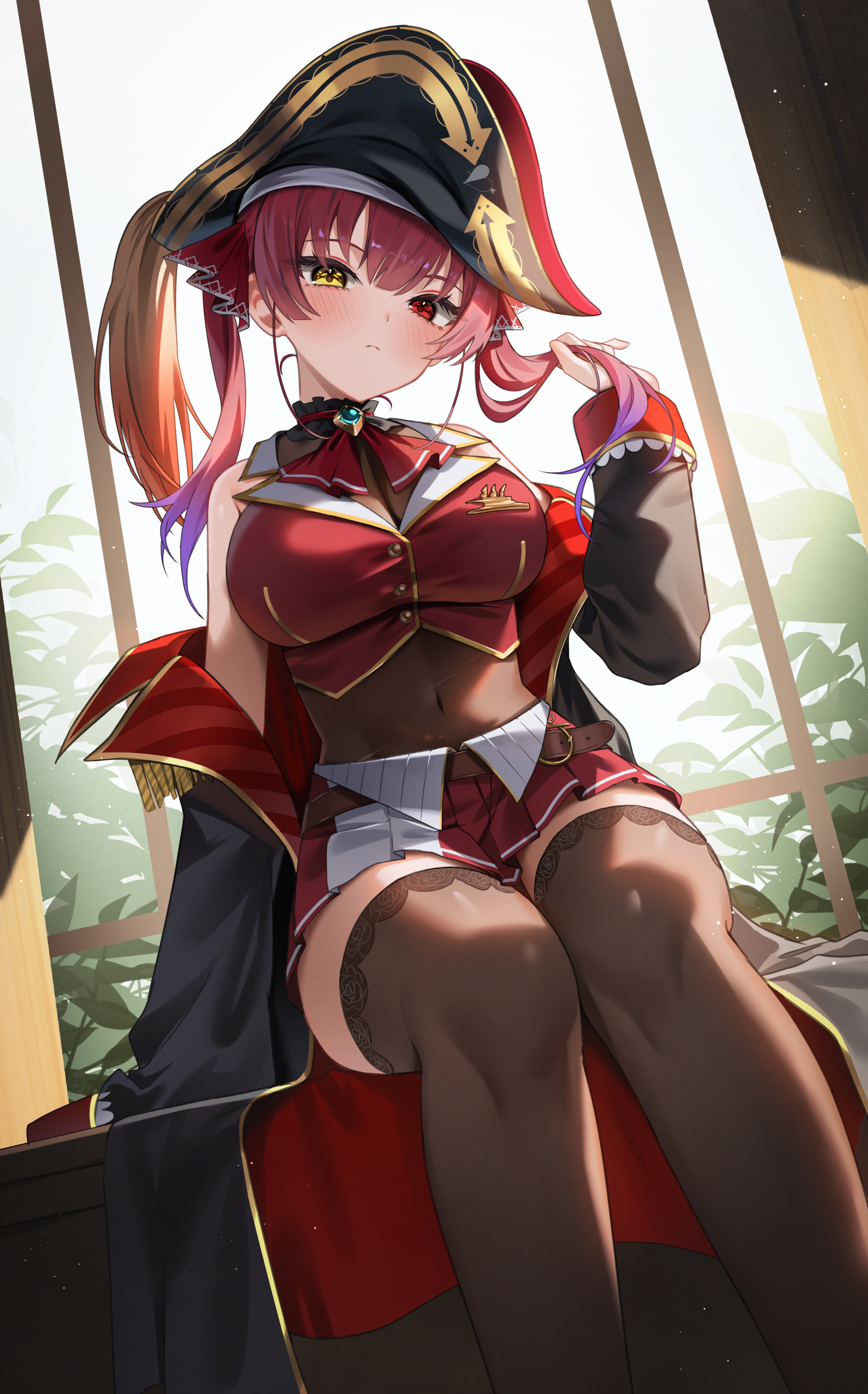 shuvi (shuvi1125), houshou marine, houshou marine (1st costume), hololive, absurdres, highres, 1girl, ascot, black coat, blush, breasts, closed mouth, coat, covered navel, cropped vest, gold trim, hat, heterochromia, large breasts, light particles, looking at viewer, off shoulder, pirate hat, plume, red ascot, red eyes, red hair, sitting, solo, thighhighs, twintails, vest, window, yellow eyes