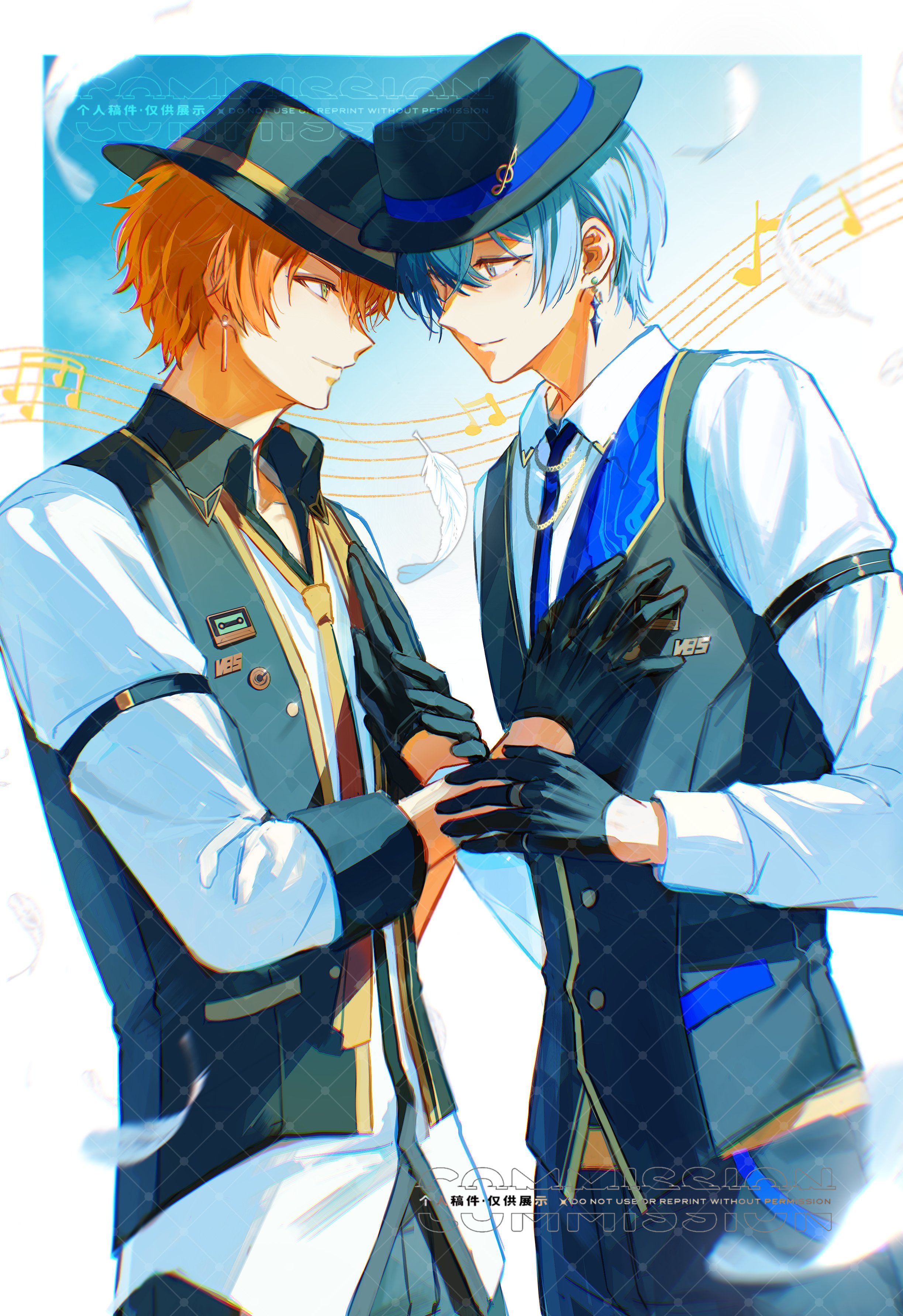 ryouun, aoyagi touya, shinonome akito, project sekai, absurdres, commentary request, highres, 2boys, armband, black gloves, black hat, black vest, blue hair, blue necktie, buttons, closed mouth, collared shirt, colored lapels, cowboy shot, earrings, eye contact, feathers, gloves, green eyes, hand on another's chest, hat, jewelry, lapels, looking at another, male focus, mole, mole under eye, multicolored hair, multiple boys, musical note, necktie, official alternate costume, orange hair, ring, shawl lapels, shirt, short hair, split-color hair, three-quarter sleeves, time to take off! (project sekai), treble clef, two-tone hair, vest, watermark, yaoi
