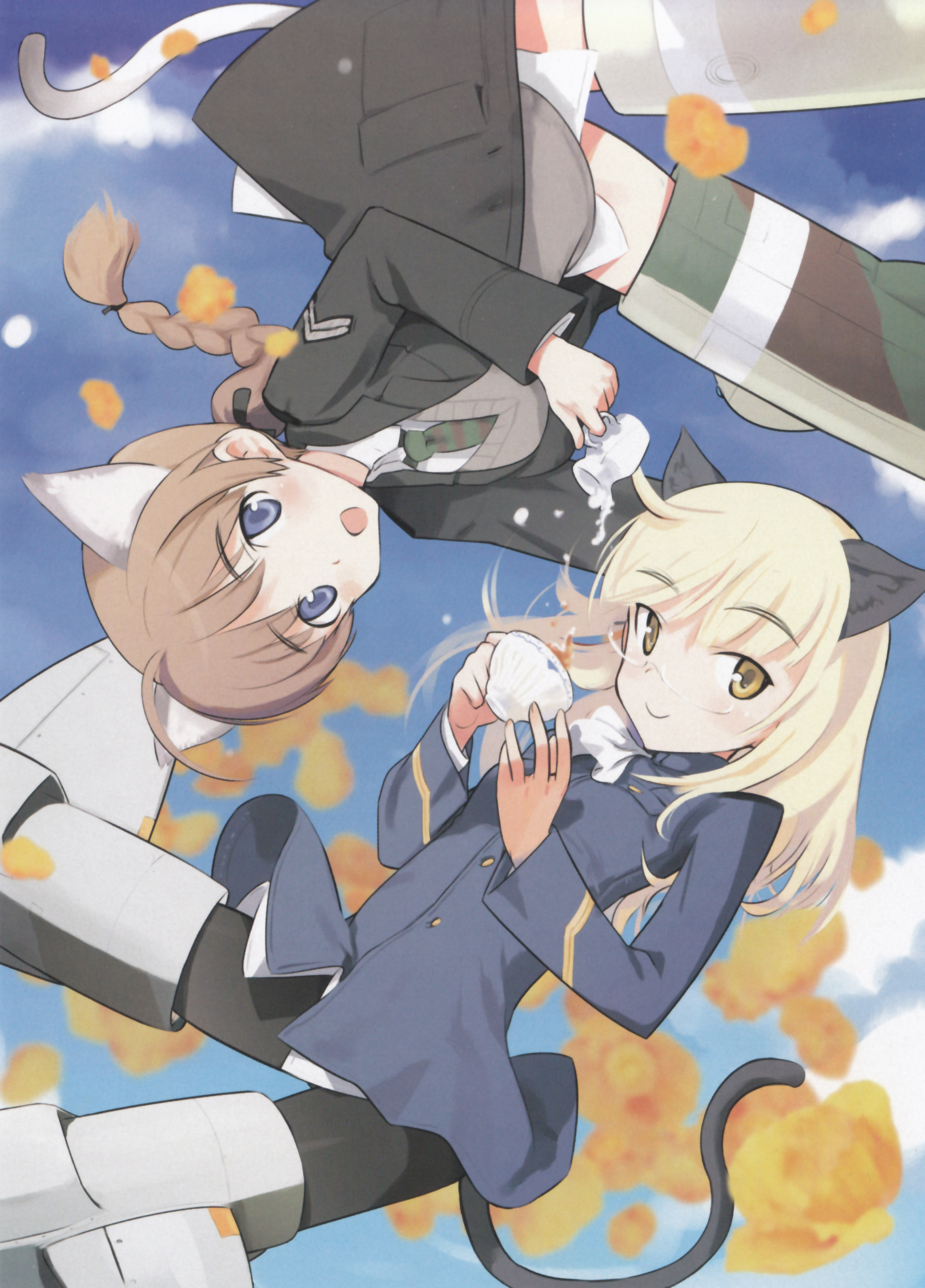 shimada fumikane, lynette bishop, perrine h. clostermann, strike witches, world witches series, absurdres, highres, non-web source, 00s, 2girls, animal ears, blonde hair, blue eyes, braid, brown hair, cream, cup, glasses, long hair, multiple girls, pantyhose, petals, single braid, striker unit, teacup, yellow eyes
