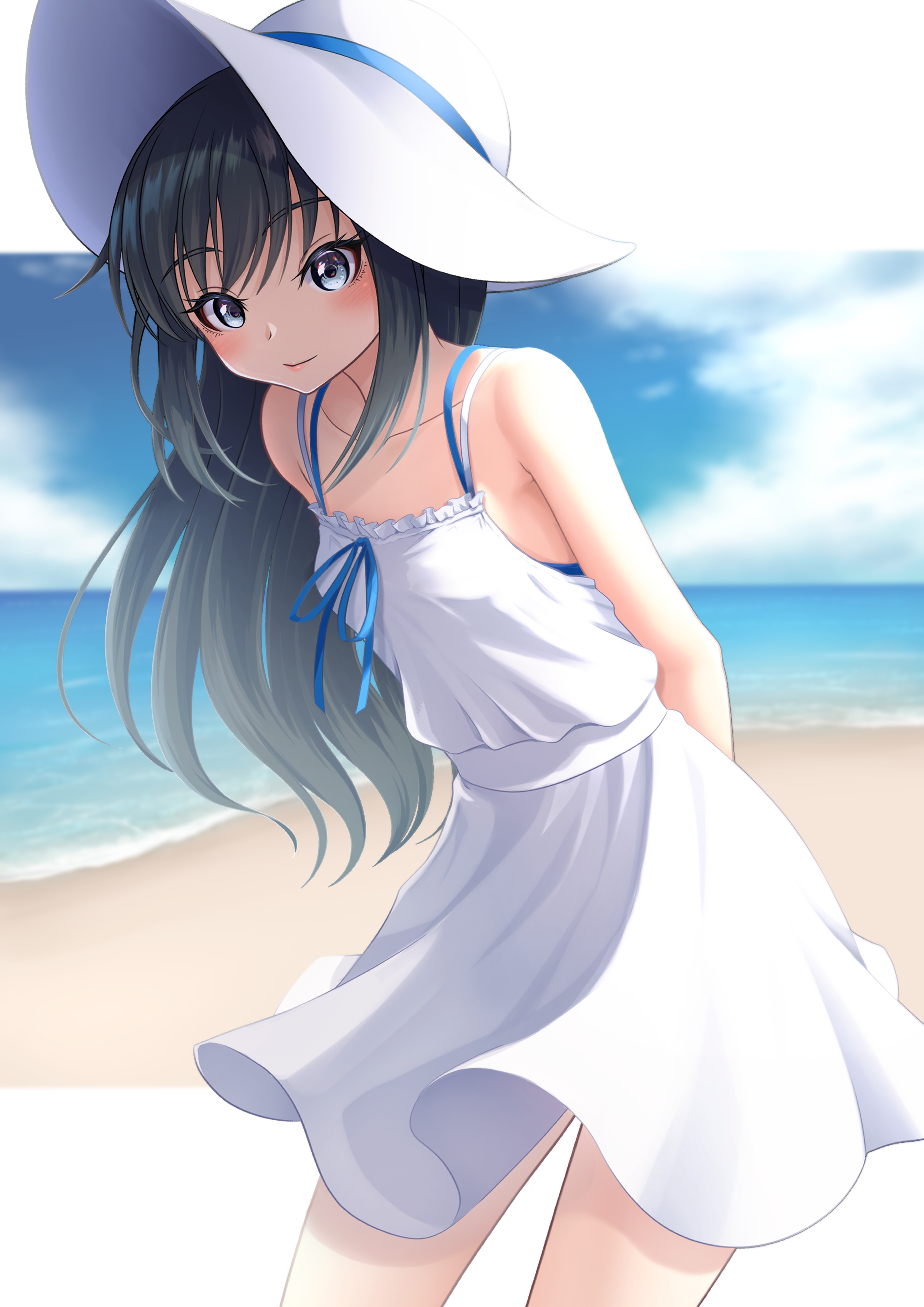 makura (y makura), asashio (kancolle), kantai collection, absurdres, commentary request, highres, 1girl, arms behind back, beach, black hair, blue eyes, blue sky, blush, bra strap, breasts, cloud, cloudy sky, collarbone, cowboy shot, day, dress, hair between eyes, hat, horizon, leaning forward, letterboxed, long hair, looking at viewer, ocean, outdoors, sand, shore, sidelocks, sky, sleeveless, sleeveless dress, small breasts, smile, solo, spaghetti strap, standing, sun hat, sundress, white dress, white hat