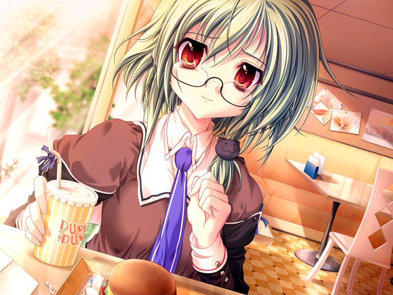 miyama-zero, kayou chisato, kanojo tachi no ryuugi, game cg, non-web source, 1girl, :3, burger, cat, chair, drink, female focus, food, glasses, green hair, hair ornament, looking at viewer, necktie, pov across table, red eyes, restaurant, school uniform, serafuku, short hair, smile, solo, table, window