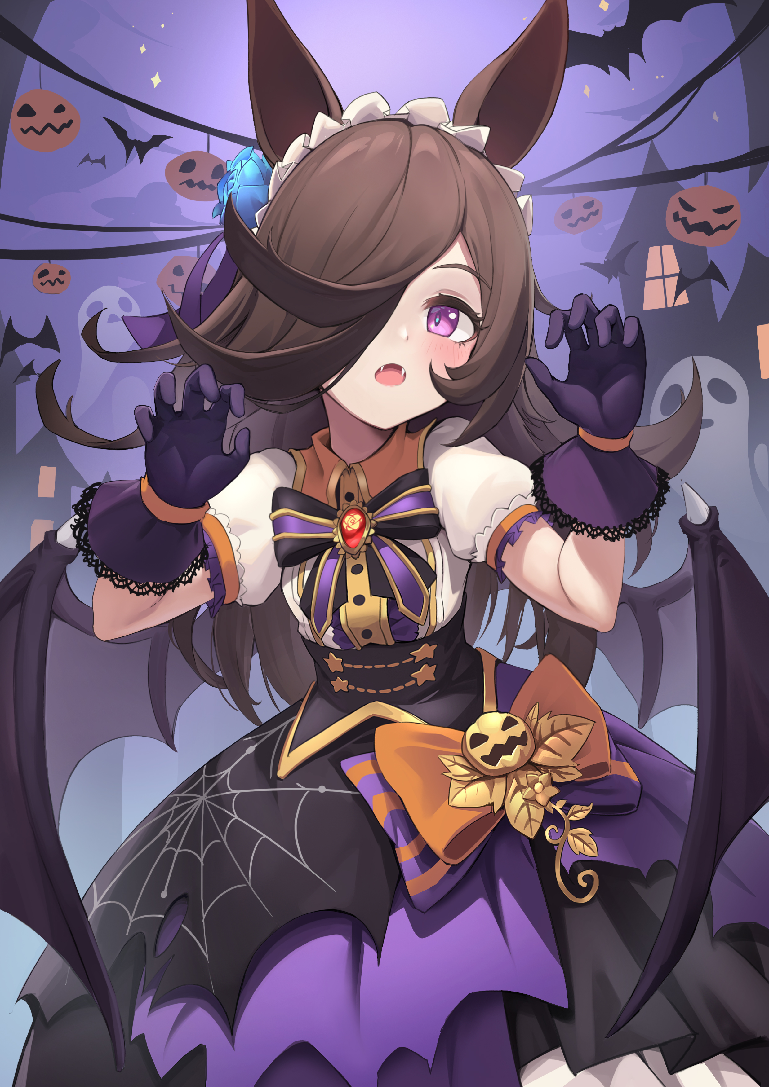 ye yemail, rice shower (make up vampire!) (umamusume), rice shower (umamusume), umamusume, absurdres, highres, 1girl, animal ears, bat wings, blue flower, bow, brown hair, claw pose, flower, frilled hairband, frills, ghost, gloves, hair flower, hair ornament, hair over one eye, hairband, horse ears, horse girl, jack-o'-lantern, looking at viewer, official alternate costume, open mouth, orange bow, puffy short sleeves, puffy sleeves, purple eyes, purple gloves, short sleeves, solo, spider web print, vampire costume, wings