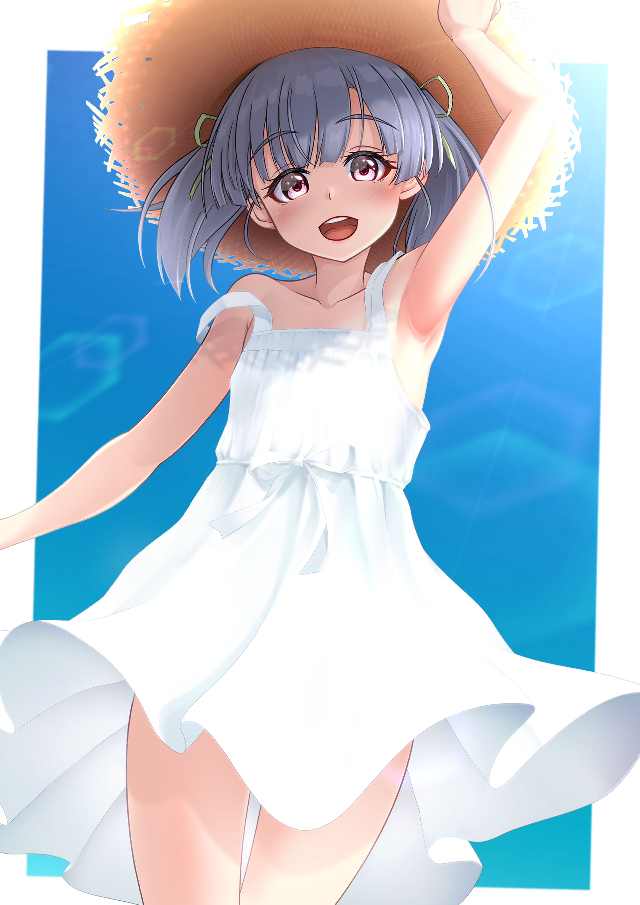 makura (y makura), ooshio (kancolle), kantai collection, absurdres, commentary request, highres, 1girl, alternate costume, armpits, blue sky, blush, border, bow, collarbone, cowboy shot, dress, dutch angle, green bow, green ribbon, grey hair, hair bow, hair ribbon, hand up, hat, lens flare, medium hair, open mouth, outside border, pink eyes, ribbon, short twintails, sky, sleeveless, sleeveless dress, solo, standing, straw hat, sundress, sunlight, teeth, thighs, twintails, upper teeth only, white border, white dress