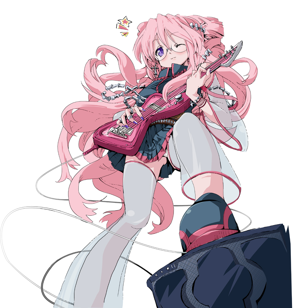tanupo, takara miyuki, lucky star, 00s, 1girl, detached sleeves, female focus, glasses, guitar, instrument, long hair, nail polish, one eye closed, panties, pink hair, purple eyes, purple nails, solo, thighhighs, underwear, wink