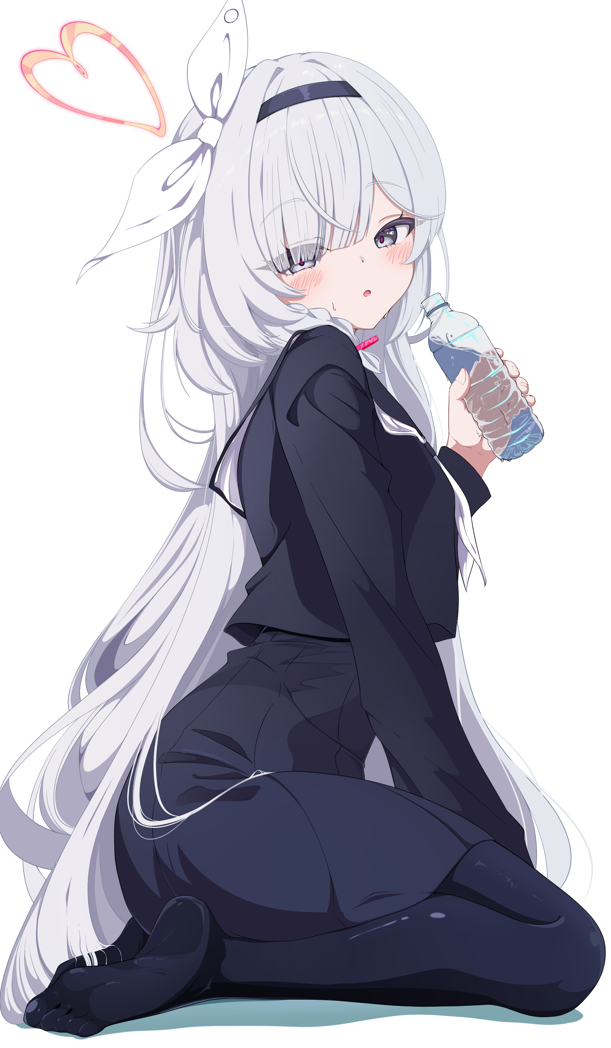 plana (blue archive), blue archive, absurdres, commentary request, highres, 1girl, :o, black hairband, black pantyhose, black serafuku, blush, bottle, cropped shirt, fingernails, full body, grey hair, hairband, halo, heart, heart halo, high-waist skirt, holding, holding bottle, long hair, long sleeves, looking at viewer, neckerchief, no shoes, pantyhose, pleated skirt, rei hinasuki, school uniform, seiza, serafuku, simple background, sitting, skirt, solo, straight hair, very long hair, water bottle, white background, white neckerchief