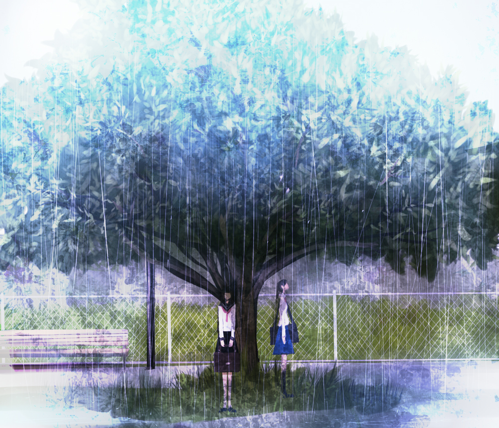 shigureteki, original, 2girls, fence, long hair, multiple girls, outdoors, rain, school uniform, serafuku, standing, tree, under tree