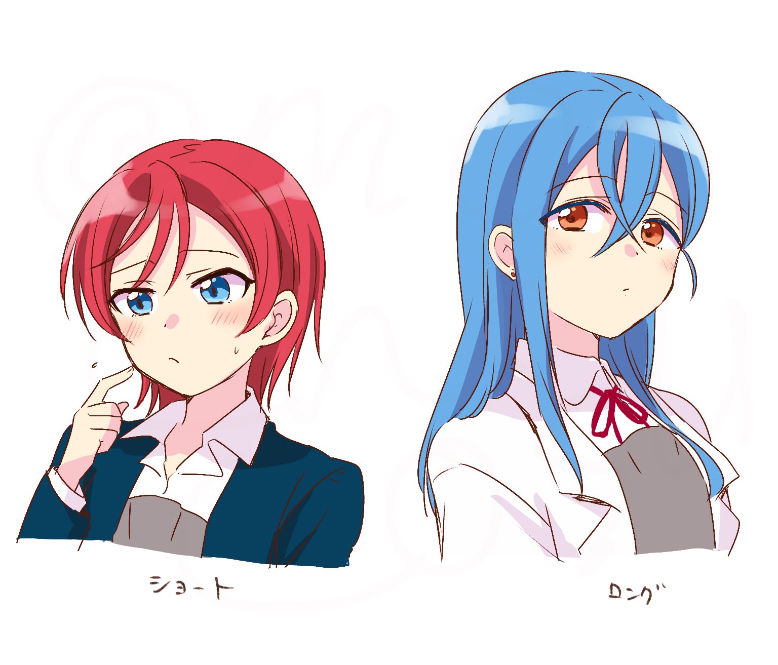 mame mochiko, wakana shiki, yoneme mei, love live!, love live! superstar!!, commentary request, highres, 2girls, blue eyes, blue hair, blush, breasts, closed mouth, collared shirt, crossed bangs, earrings, hair length switch, hand up, index finger raised, jewelry, lapels, long hair, long sleeves, multiple girls, neck ribbon, notched lapels, red eyes, red hair, red ribbon, ribbon, school uniform, shirt, short hair, simple background, stud earrings, upper body, white background, yuigaoka school uniform