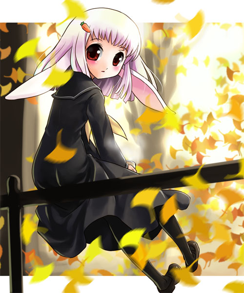 katahira masashi, original, 1girl, animal ears, female focus, ginkgo tree, leaf, long hair, pink hair, rabbit ears, red eyes, school uniform, serafuku, sitting, solo
