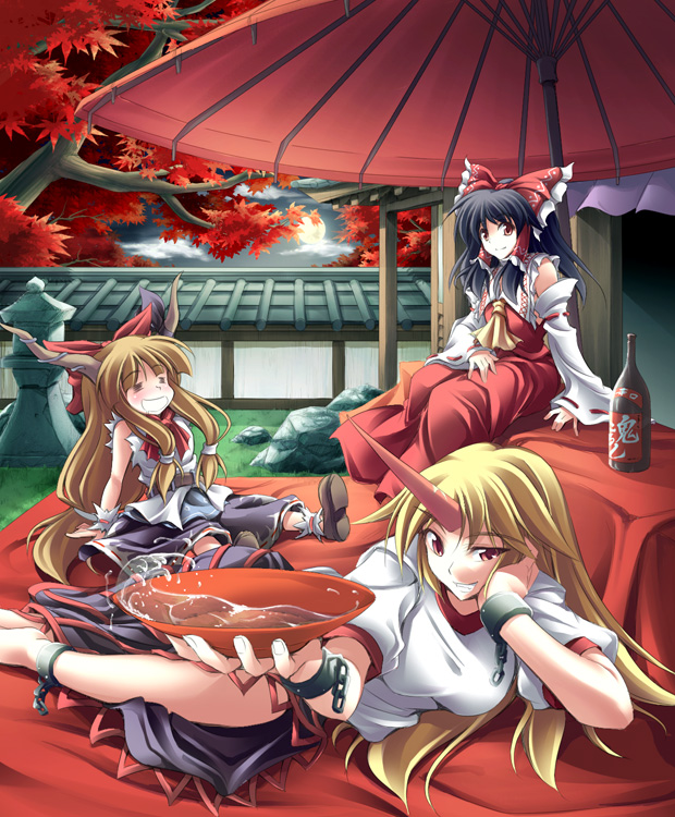 fuyuwa kotatsu, hakurei reimu, hoshiguma yuugi, ibuki suika, touhou, 3girls, alcohol, autumn, black hair, chain, cup, detached sleeves, female focus, horns, japanese clothes, long hair, lying, miko, multiple girls, oil-paper umbrella, on side, red eyes, ribbon, sakazuki, sake, single horn, sitting, stone lantern, umbrella