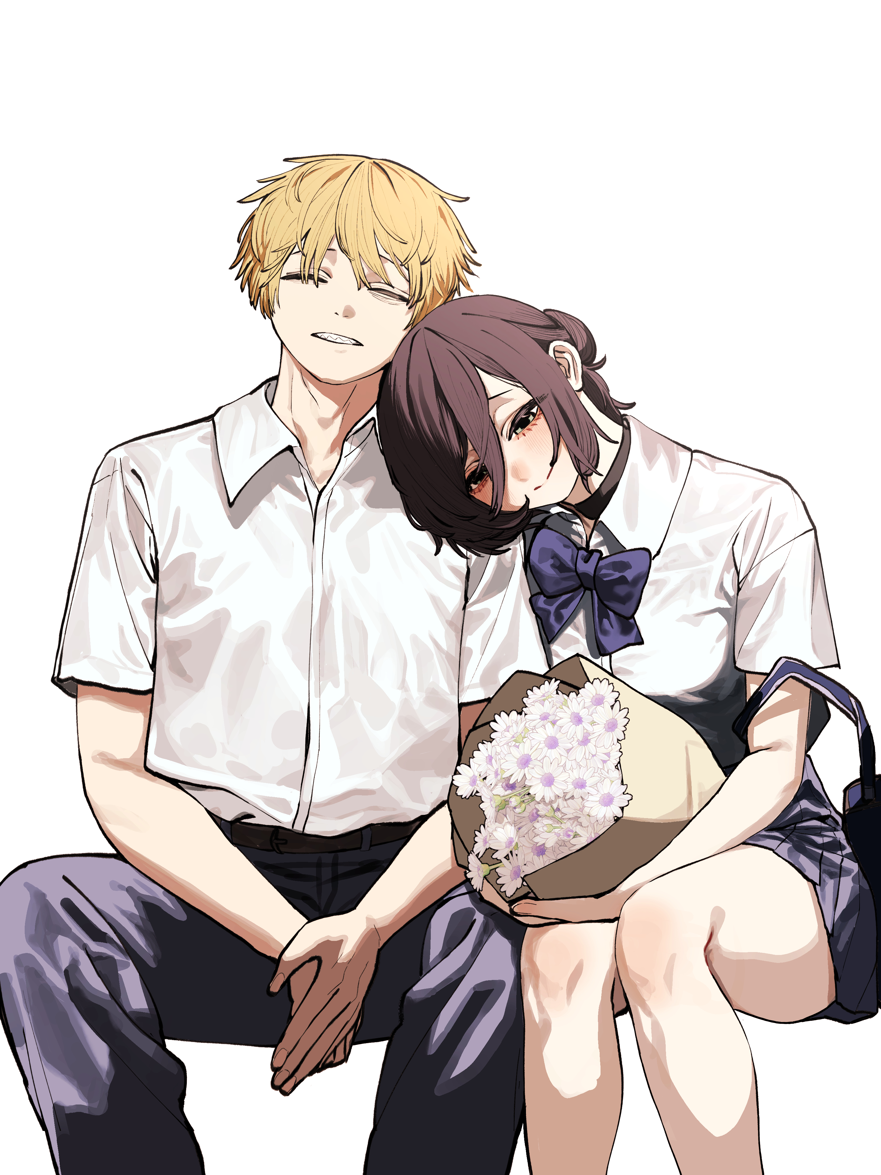 chroong, denji (chainsaw man), reze (chainsaw man), chainsaw man, absurdres, commentary, highres, korean commentary, 1boy, 1girl, alternate costume, bag, bare legs, black choker, black hair, black pants, black skirt, blonde hair, blue bow, blue bowtie, blush, bouquet, bow, bowtie, choker, feet out of frame, flower, hetero, invisible chair, leaning on person, leaning to the side, own hands together, pants, pleated skirt, school bag, school uniform, shirt, short sleeves, sitting, skirt, smile, summer uniform, white shirt