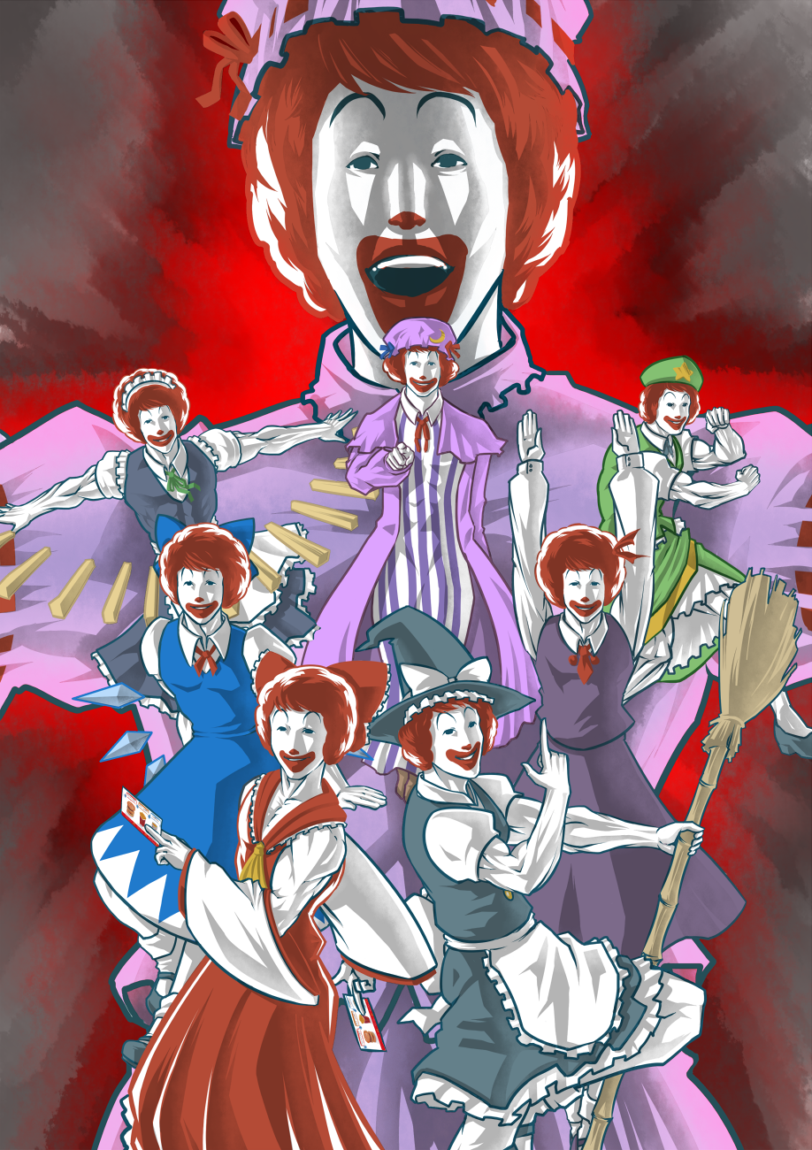 ioridonmax13, cirno, hakurei reimu, hong meiling, izayoi sakuya, kirisame marisa, patchouli knowledge, remilia scarlet, ronald mcdonald, rumia, embodiment of scarlet devil, mcdonald's, touhou, bad id, bad pixiv id, highres, 6+girls, afro, blonde hair, cirno (cosplay), cosplay, creepy, epic, everyone, female focus, food, french fries, hakurei reimu (cosplay), hong meiling (cosplay), horror (theme), izayoi sakuya (cosplay), kirisame marisa (cosplay), multiple girls, muscular, muscular female, parody, patchouli knowledge (cosplay), red eyes, remilia scarlet (cosplay), rumia (cosplay)