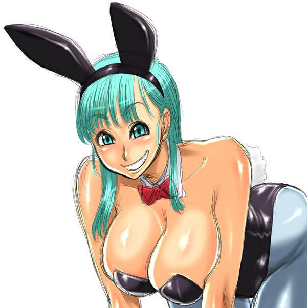 murata (acid-head), bulma, dragon ball, 1girl, animal ears, aqua eyes, aqua hair, ass, bare shoulders, black leotard, bow, bowtie, breasts, cleavage, fake animal ears, female focus, grin, huge breasts, leotard, long hair, naughty face, pantyhose, playboy bunny, rabbit ears, rabbit tail, shiny skin, smile, solo, tail