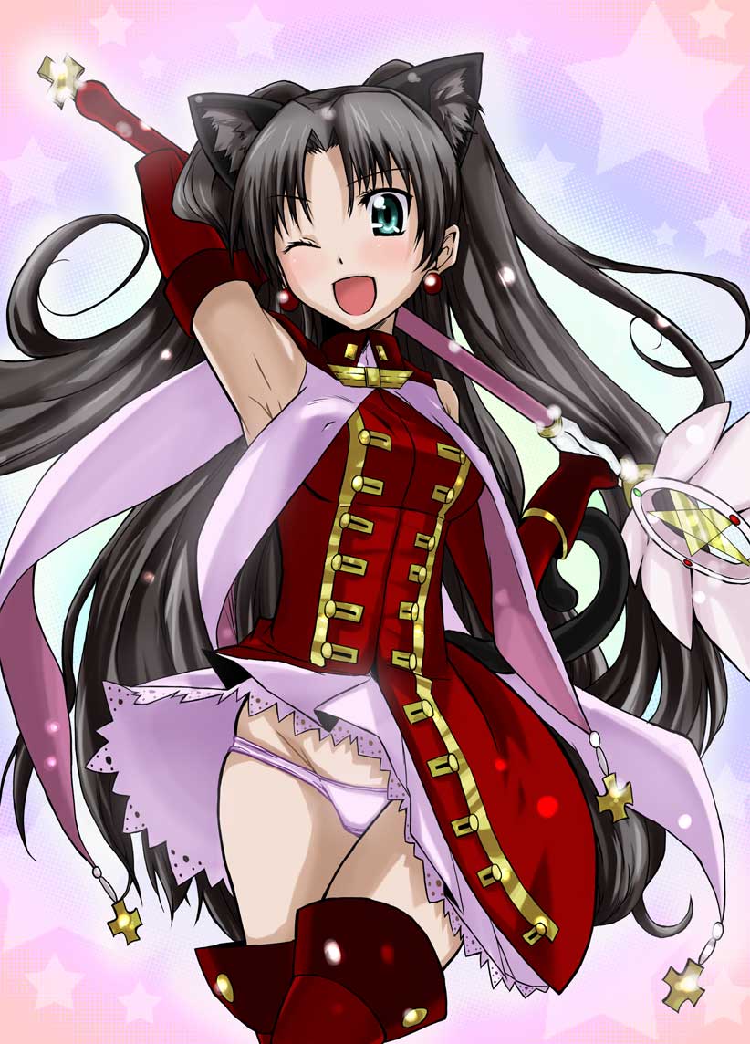 toru k, kaleido ruby, kaleidostick, tohsaka rin, toosaka rin, fate/stay night, fate (series), bad id, bad pixiv id, 00s, 1girl, armpits, black hair, elbow gloves, female focus, gloves, green eyes, long hair, magical girl, one eye closed, panties, solo, twintails, two side up, underwear, wand, wink