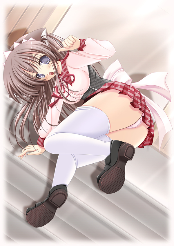 hiyori-o, 1girl, animal ears, blue eyes, blush, brown hair, cat ears, cat girl, female focus, long hair, open mouth, skirt, solo, thighhighs