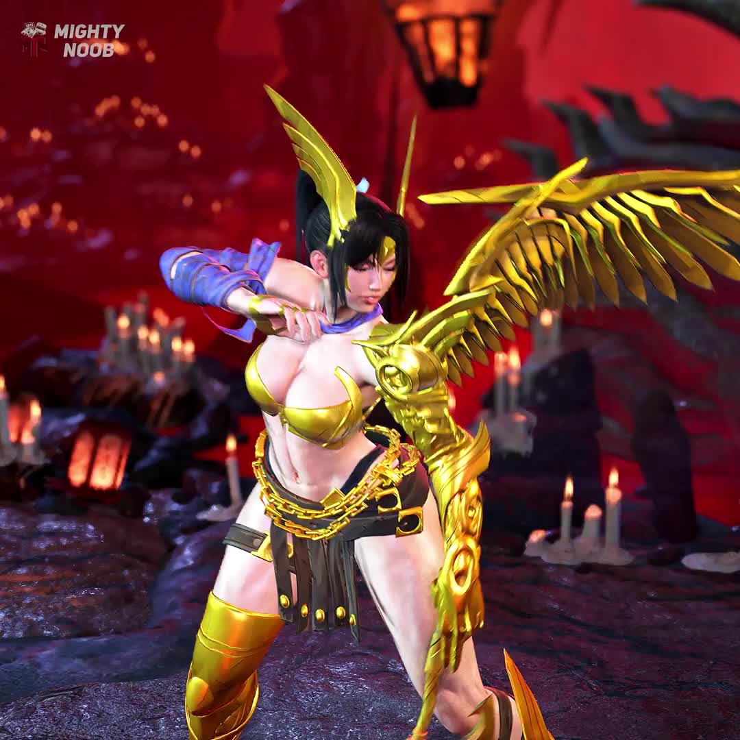 angela (marvel), shiranui mai, fatal fury, marvel, marvel rivals, snk, street fighter, street fighter 6, thor (marvel) (series), animated, mod, tagme, video, 1girl, armor, black hair, cosplay, female focus, high ponytail, metal bra, ponytail, solo, watermark, wings
