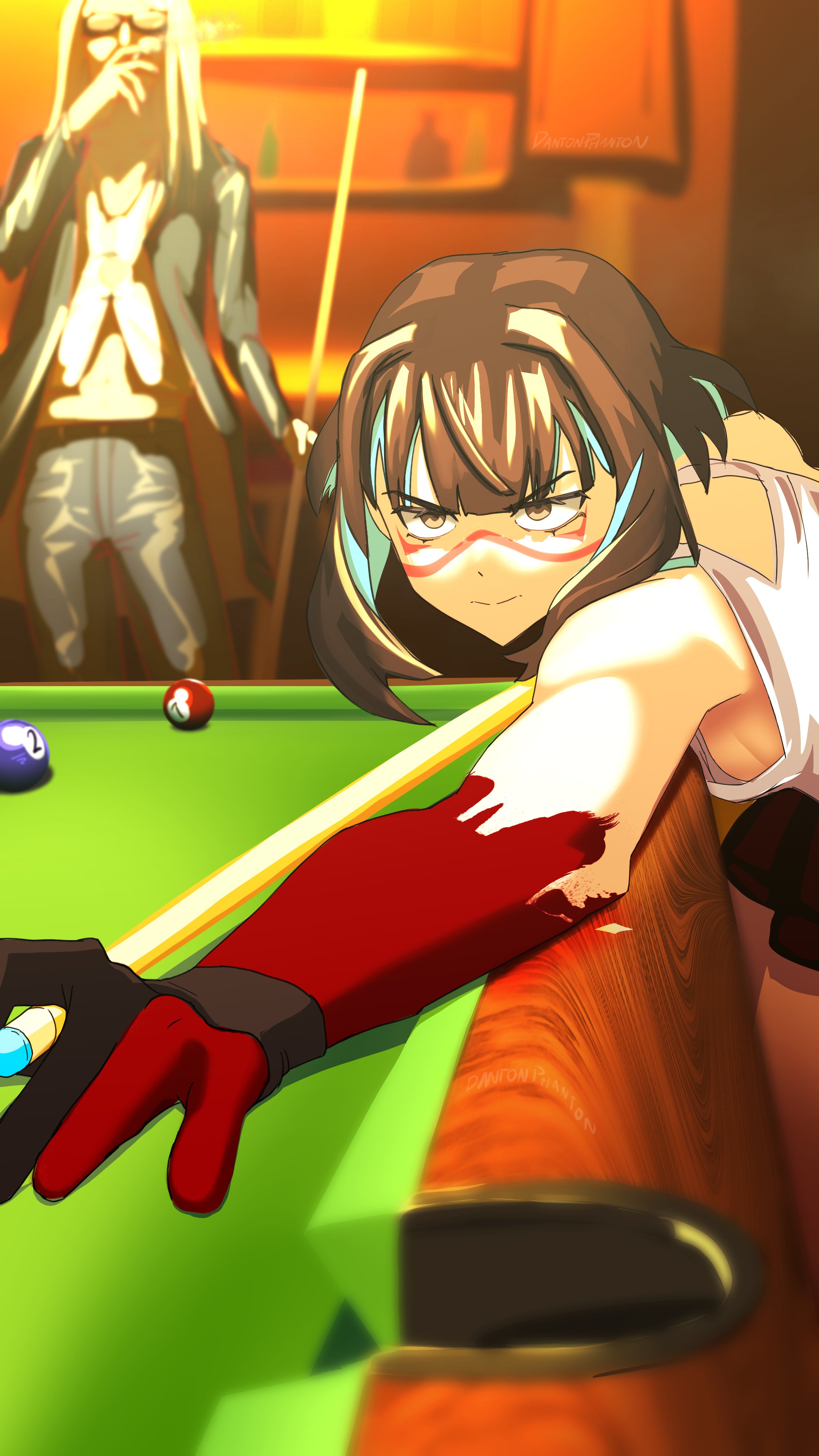 dantonphanton, tenochtitlan (fate), tezcatlipoca (fate), tezcatlipoca (first ascension) (fate), fate/grand order, fate (series), absurdres, highres, 1boy, 1girl, alternate costume, ball, billiard ball, billiards, black hair, blonde hair, blood, blood on hands, blue hair, breasts, colored inner hair, cue stick, facepaint, flapper shirt, grey eyes, holding cue stick, long hair, multicolored hair, pool table, shirt, short hair, sideboob, small breasts, sunglasses, table