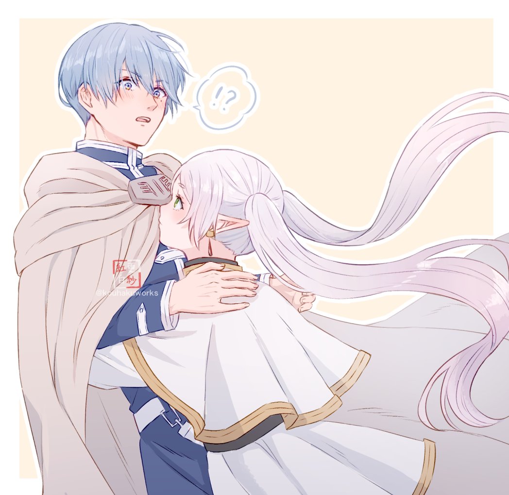sarasa kouhaku, frieren, himmel (sousou no frieren), sousou no frieren, commentary request, !?, 1boy, 1girl, blue eyes, blue hair, blush, border, cape, earrings, elf, hetero, hug, jewelry, long hair, long sleeves, looking at another, mole, mole under eye, open mouth, outside border, pointy ears, teeth, twintails, twitter username, upper teeth only, white border, white hair