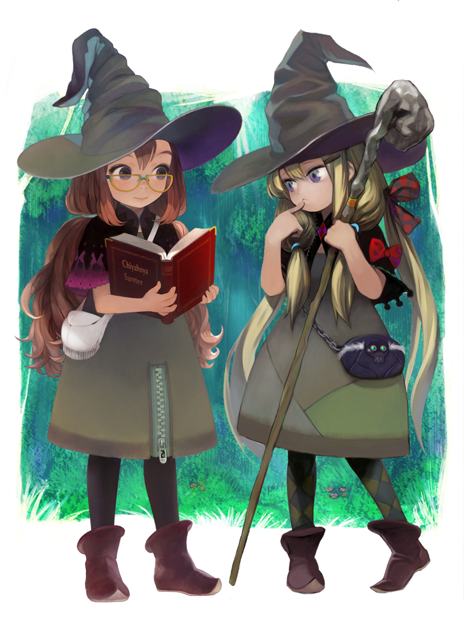 matayoshi, original, highres, 2girls, :<, bag, black eyes, blonde hair, blue eyes, book, brown hair, child, dress, finger to mouth, glasses, hat, long hair, multiple girls, pantyhose, shoulder bag, staff, witch, witch hat, yellow-framed eyewear, zipper