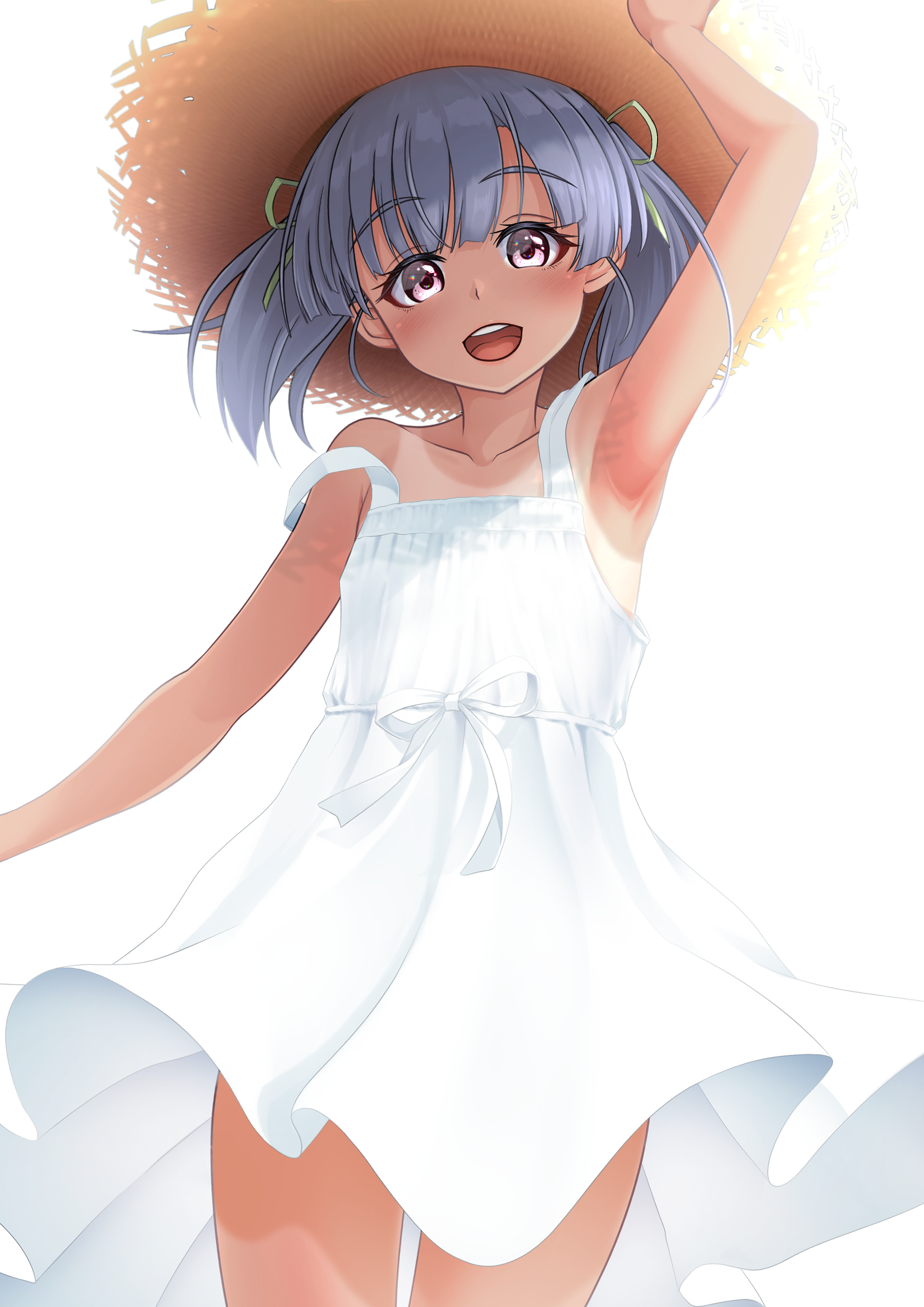 makura (y makura), ooshio (kancolle), kantai collection, absurdres, commentary request, highres, 1girl, alternate costume, armpits, blush, bow, collarbone, cowboy shot, dress, green ribbon, grey hair, hair bow, hair ribbon, hand up, hat, looking at viewer, medium hair, open mouth, pink eyes, ribbon, short twintails, simple background, solo, standing, strap slip, straw hat, sundress, tan, tanline, teeth, thighs, twintails, upper teeth only, white background, white dress
