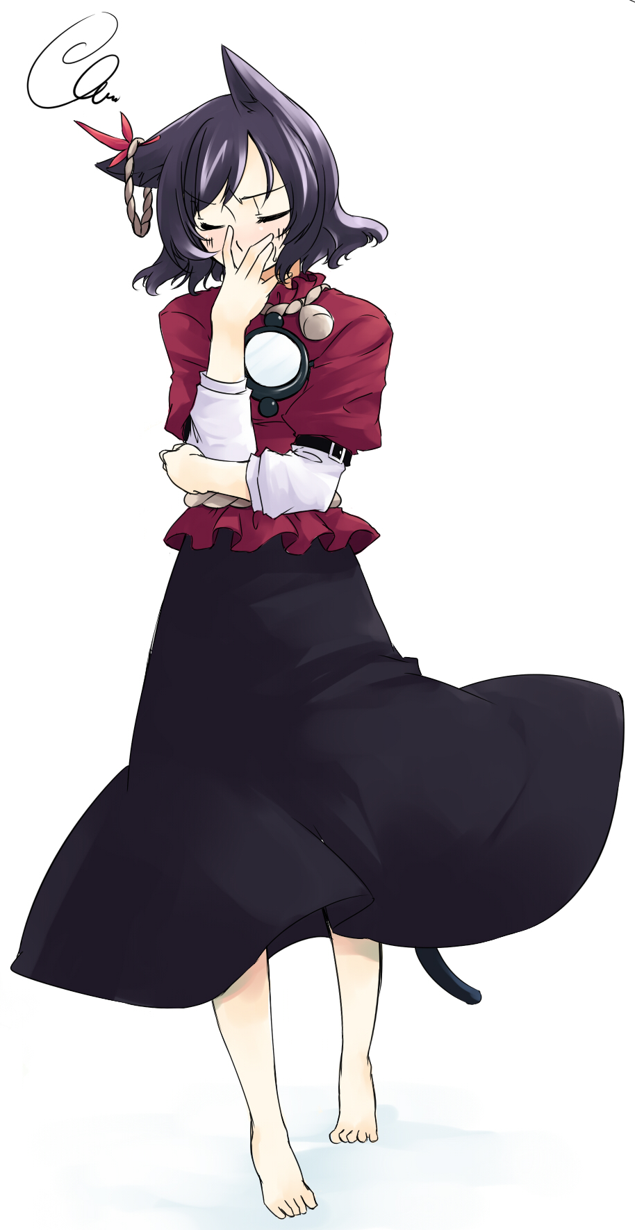 sakuraba yuuki, yasaka kanako, touhou, highres, 1girl, animal ears, barefoot, cat ears, cat girl, cat tail, feet, female focus, full body, kemonomimi mode, rope, solo, standing, tail, white background