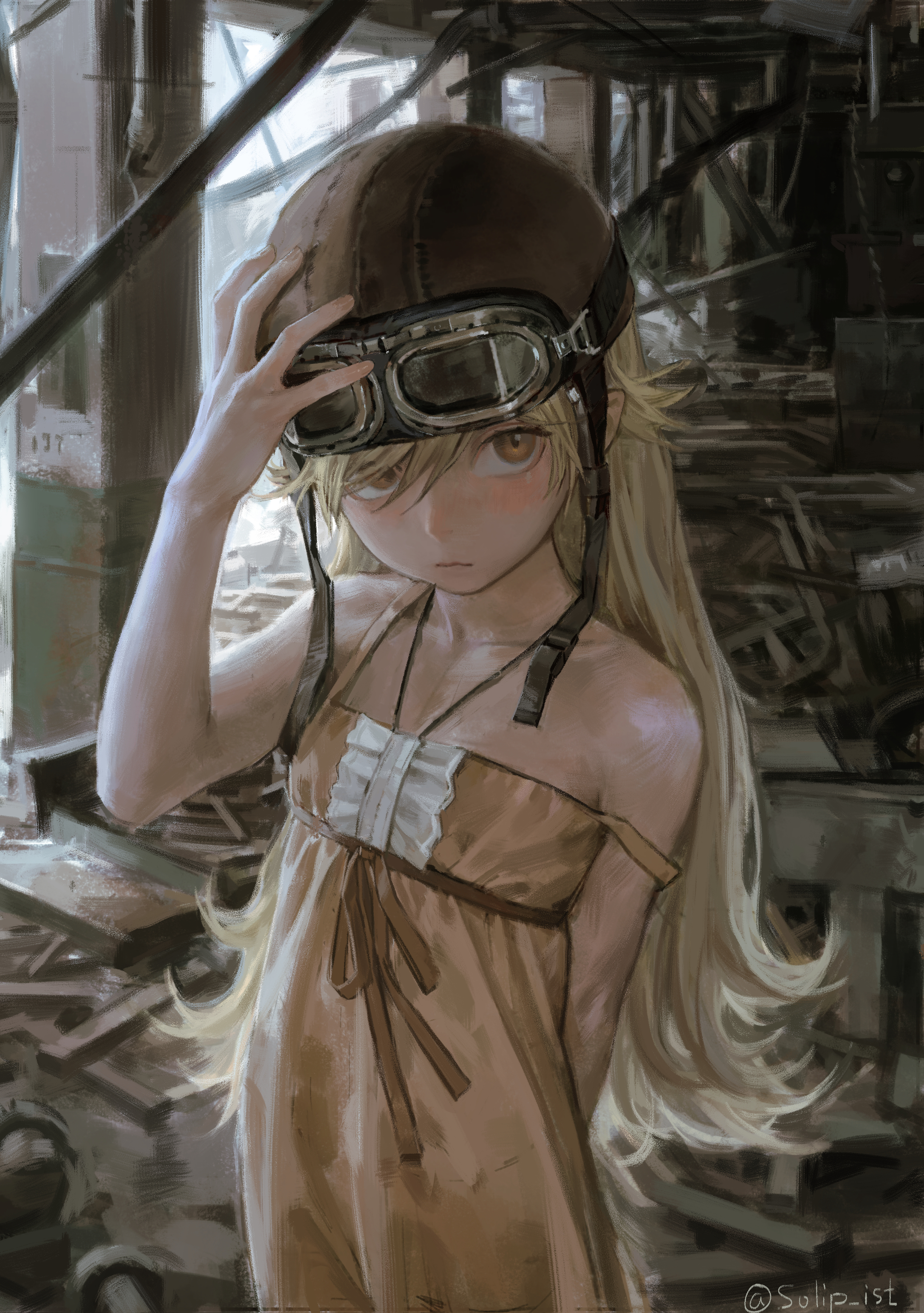 solipsist, oshino shinobu, monogatari (series), absurdres, highres, 1girl, arm behind back, aviator cap, aviator goggles, bare arms, bare shoulders, blonde hair, center frills, closed mouth, collarbone, cowboy shot, day, dress, dress ribbon, flat chest, frills, goggles, goggles on headwear, halter dress, halterneck, hand on headwear, hand up, helmet, indoors, light blush, long hair, looking at viewer, pointy ears, red dress, red ribbon, ribbon, rubble, sleeveless, sleeveless dress, strap slip, sundress, swept bangs, twitter username, yellow eyes