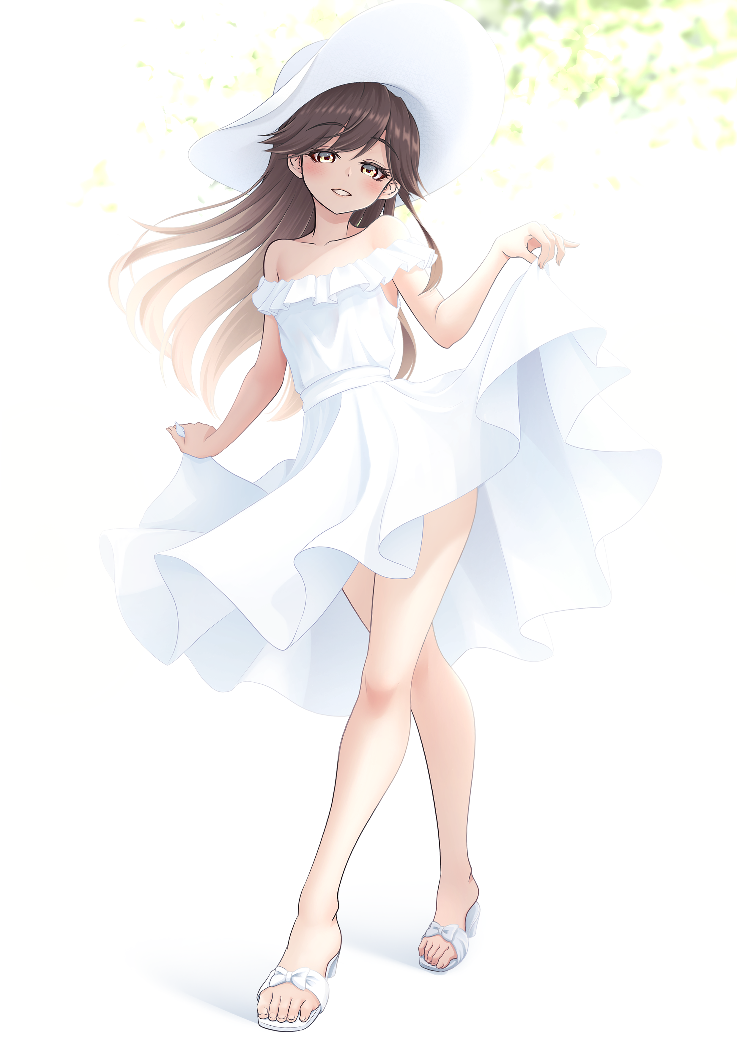 makura (y makura), arashio (kancolle), kantai collection, absurdres, commentary request, highres, 1girl, alternate costume, blush, brown eyes, brown hair, clothes lift, collarbone, double-parted bangs, dress, dress lift, feet, full body, hair between eyes, hat, leaf, long hair, looking at viewer, open mouth, sandals, shadow, sidelocks, solo, strapless, strapless dress, sun hat, sundress, teeth, thighs, walking, white background, white dress, white hat