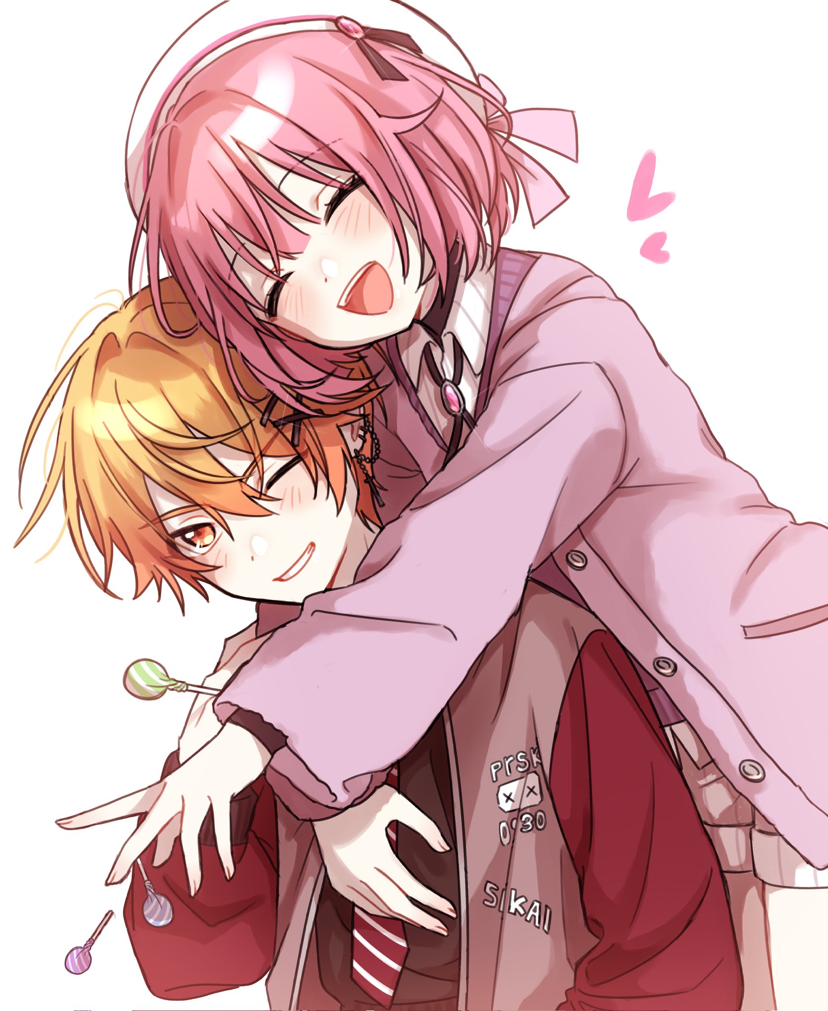 ppako, ootori emu, tenma tsukasa, project sekai, commentary request, highres, korean commentary, 1boy, 1girl, bob cut, bolo tie, buttons, candy, clenched teeth, closed mouth, collared shirt, diagonal-striped clothes, diagonal-striped necktie, ear chain, ear piercing, food, hair ornament, hairpin, hat, heart, hug, hug from behind, jacket, linked piercing, lollipop, long sleeves, multiple hairpins, necktie, one eye closed, open clothes, open jacket, open mouth, orange eyes, orange hair, piercing, pink hair, shirt, short hair, simple background, smile, striped clothes, teeth, upper body, upper teeth only, white background, white hat
