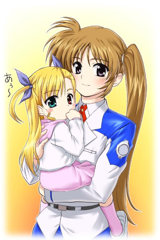takamachi nanoha, vivio, lyrical nanoha, mahou shoujo lyrical nanoha, mahou shoujo lyrical nanoha strikers, duplicate, 00s, 2girls, blonde hair, blush, green eyes, heterochromia, military, military uniform, multiple girls, purple eyes, red eyes, red hair, side ponytail, twintails