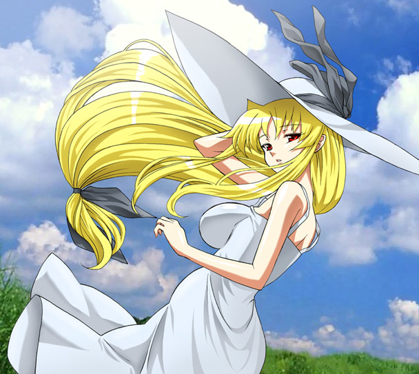 fate testarossa, lyrical nanoha, mahou shoujo lyrical nanoha, mahou shoujo lyrical nanoha strikers, md5 mismatch, resolution mismatch, source larger, 00s, 1girl, blonde hair, breasts, day, dress, female focus, hat, large breasts, long hair, low-tied long hair, solo, sundress, very long hair, wind