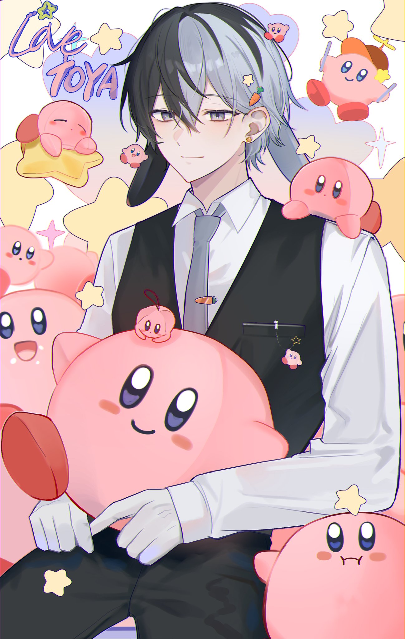 a20190422, aoyagi touya, kirby, kirby (series), nintendo, project sekai, commentary request, highres, 1boy, :d, black vest, blue eyes, blue hair, character name, closed eyes, closed mouth, collared shirt, crossover, earrings, extra ears, gloves, grey necktie, jewelry, long sleeves, mole, mole under eye, multicolored hair, necktie, open mouth, rabbit tail, shirt, short hair, smile, split-color hair, star (symbol), star earrings, tail, tie clip, two-tone hair, vest, white gloves, white shirt