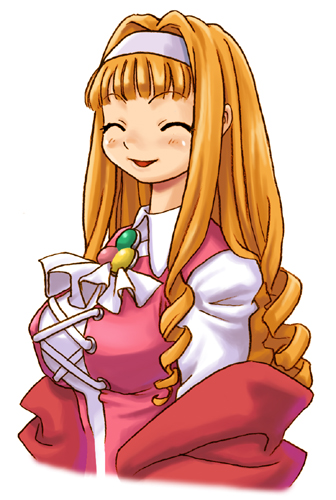 ryoji (nomura ryouji), etoile rosenqueen, marl kingdom, nippon ichi, puppet princess (marl kingdom), lowres, 1girl, ^ ^, blonde hair, breasts, closed eyes, female focus, huge breasts, simple background, solo, white background