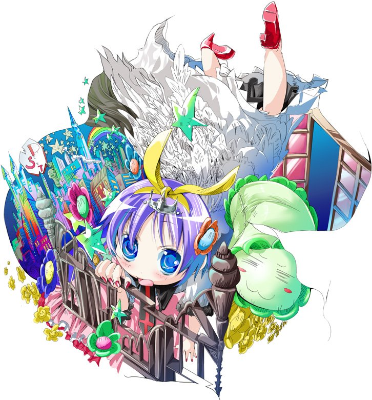 tanupo, hiiragi tsukasa, lucky star, 00s, blue eyes, purple hair, ribbon, short hair, solo