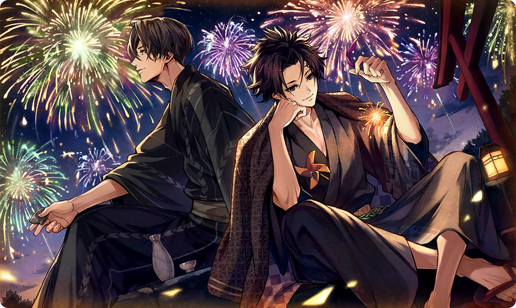 eins (ta ga tame no alchemist), sol (ta ga tame no alchemist), ta ga tame no alchemist, commentary, official art, third-party source, 2boys, alcohol, black eyes, black hair, black kimono, closed mouth, cloud, cup, facial mark, fireworks, from side, hand on own cheek, hand on own face, haori, holding, holding cup, japanese clothes, kimono, male focus, multiple boys, night, night sky, official alternate costume, outdoors, pinwheel, profile, sandals, senkou hanabi, sitting, sky, sparkler, torii, yukata, zouri