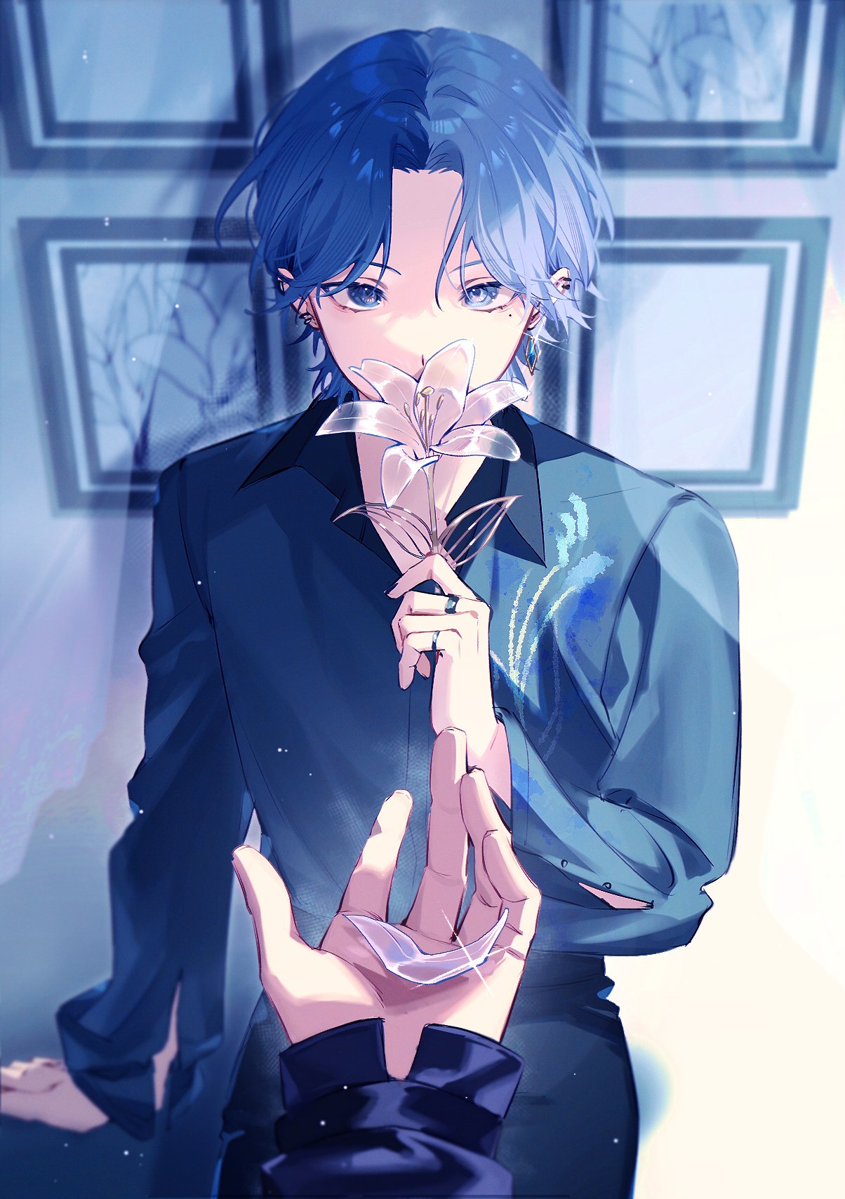 slc yh, aoyagi touya, project sekai, commentary request, highres, 1boy, 1other, blue eyes, blue hair, collared shirt, covered mouth, ear piercing, flower, hand up, holding, holding flower, jewelry, long sleeves, mole, mole under eye, multicolored hair, official alternate costume, official alternate hairstyle, omoi wo nosete! dream stage (project sekai), outstretched hand, picture frame, piercing, ring, shirt, split-color hair, two-tone hair