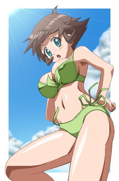 awa, makihara izumi, kemeko deluxe, 00s, 1girl, bikini, breasts, brown hair, cleavage, day, female focus, green bikini, jaggy lines, large breasts, oekaki, outdoors, short hair, solo, swimsuit