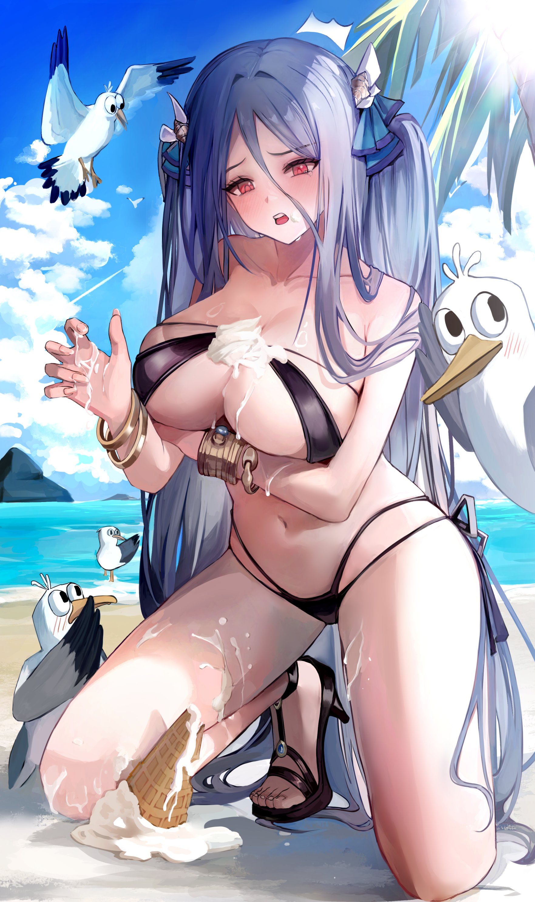 choi2494, morpeah (brown dust), brown dust (series), brown dust 2, absurdres, highres, 1girl, arm under breasts, bangle, bare shoulders, bikini, bird, black bikini, black sandals, bracelet, breasts, cleavage, cream on breasts, food, grey hair, hair between eyes, ice cream, jewelry, kneeling, large breasts, long hair, looking at viewer, multi-strapped bikini bottom, navel, open mouth, red eyes, sandals, seagull, side-tie bikini bottom, solo, stomach, string bikini, swimsuit, thighs, two side up, very long hair