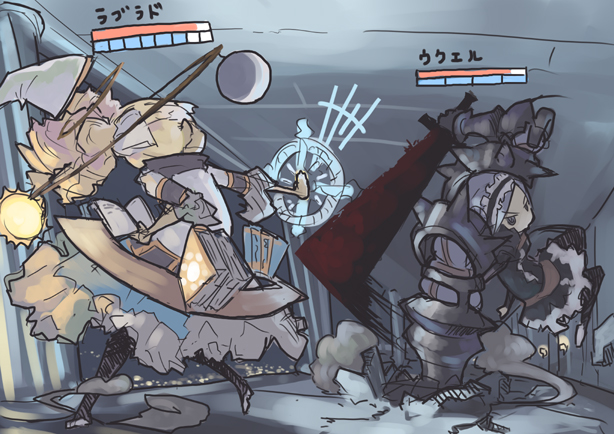 jitsu hidari, ukuel, original, 2girls, action, armor, armored twintails, battle, fake screenshot, fighting game, gameplay mechanics, gauntlets, hair ornament, magic, multiple girls, sword, twintails, weapon