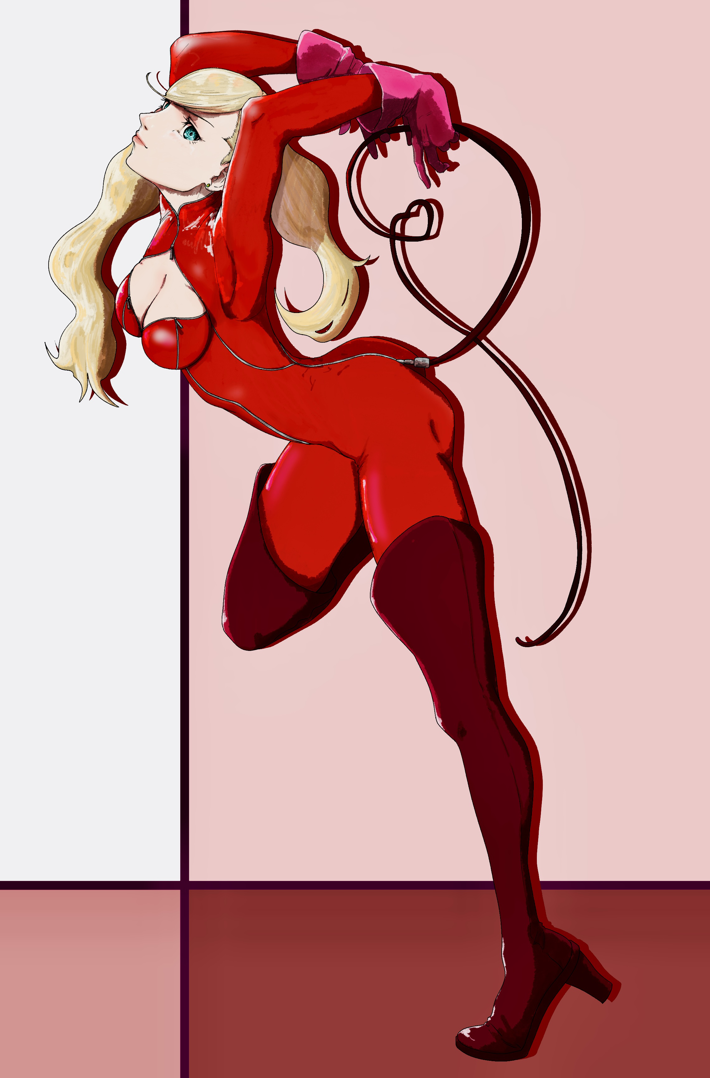 panther (persona 5), takamaki anne, persona, persona 5, absurdres, highres, 1girl, arms up, ass, blonde hair, blue eyes, bodysuit, boots, breasts, cat tail, cleavage, closed mouth, earrings, fake tail, full body, gloves, high heel boots, high heels, jewelry, lips, medium breasts, no mask, red bodysuit, ryoga0666, skin tight, solo, stud earrings, tail, thigh boots, twintails