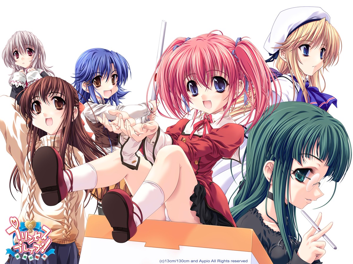 miyama-zero, heathcliff cosgrave, kashima kiyomi, katsuragi kao, kishi aimi, ousaka haruna, sakurami shieru, princess brave, silver hair, 6+girls, beret, blonde hair, blue eyes, blue hair, brown eyes, brown hair, choker, cupping hands, everyone, fang, glasses, green eyes, green hair, hat, long hair, multiple girls, own hands together, panties, pantyshot, pink hair, red eyes, school uniform, serafuku, short hair, sitting, smile, sweater, turtleneck, twintails, underwear, very long hair, white panties