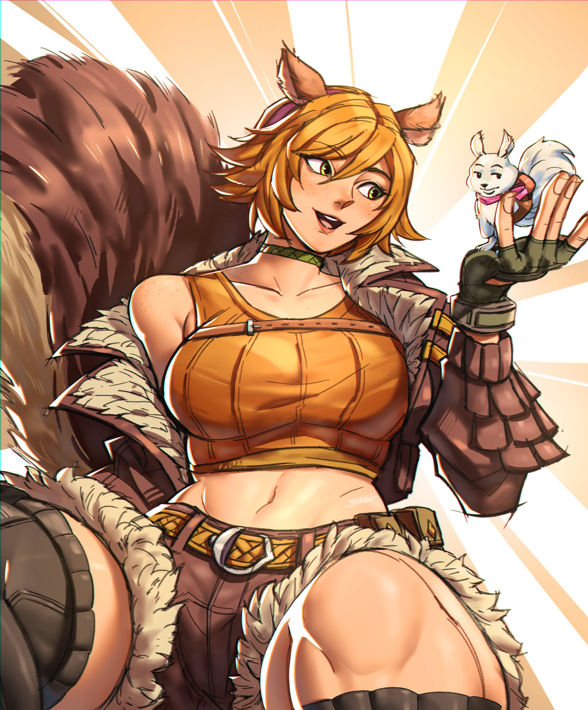 real sixer121, squirrel girl (marvel), marvel, marvel rivals, absurdres, highres, 1girl, animal ears, black thighhighs, breasts, brown hair, brown jacket, brown shorts, brown tail, crop top, green eyes, jacket, large breasts, midriff, navel, open clothes, open jacket, orange shirt, shirt, short hair, short shorts, shorts, sleeveless, sleeveless shirt, squirrel, squirrel ears, squirrel girl, squirrel tail, tail, thighhighs