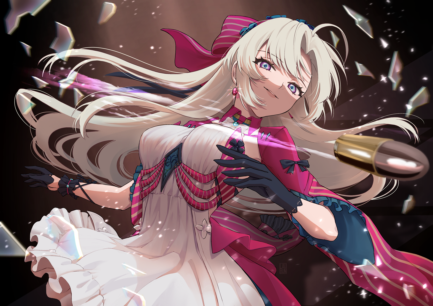 laubun, carlotta (wuthering waves), wuthering waves, commentary, english commentary, highres, 1girl, ahoge, blue eyes, bow, breasts, broken glass, bullet, dress, earrings, frilled dress, frills, glass, hair bow, hair spread out, jacket, jewelry, large breasts, long hair, looking at viewer, parted bangs, parted lips, pink bow, pink jacket, smile, solo, striped bow, upper body, white dress, white hair