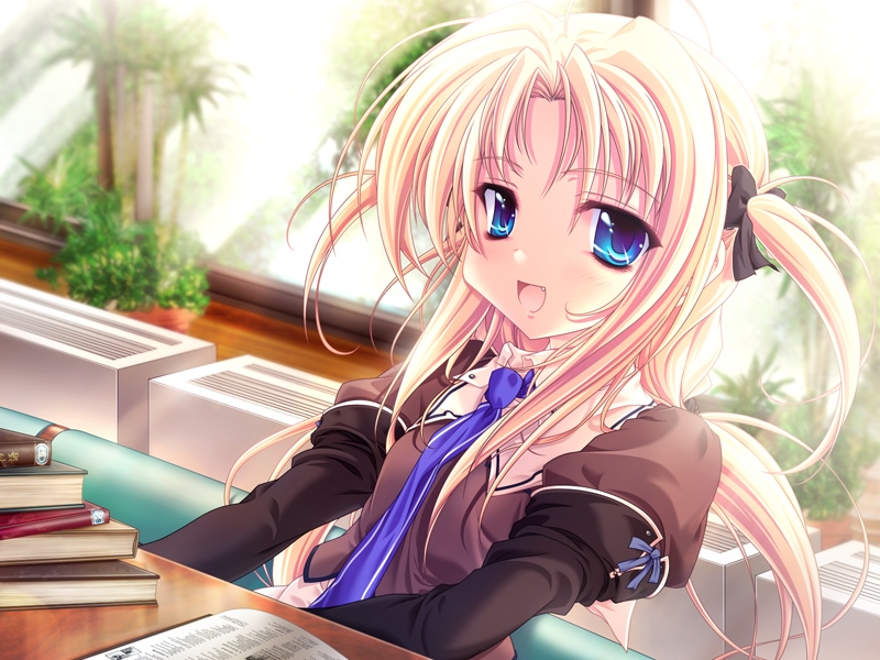 miyama-zero, shirogane akane, kanojo tachi no ryuugi, 1girl, blonde hair, blue eyes, book, fang, female focus, indoors, long hair, plant, school uniform, serafuku, sitting, solo, upper body