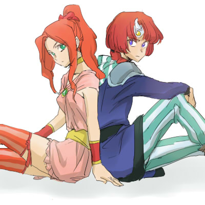 masu (artist), palom, porom, porom (adult), final fantasy, final fantasy iv, final fantasy iv: the after years, lowres, 1990s (style), back-to-back, brother and sister, masu, retro artstyle, siblings, sitting, thighhighs, twins