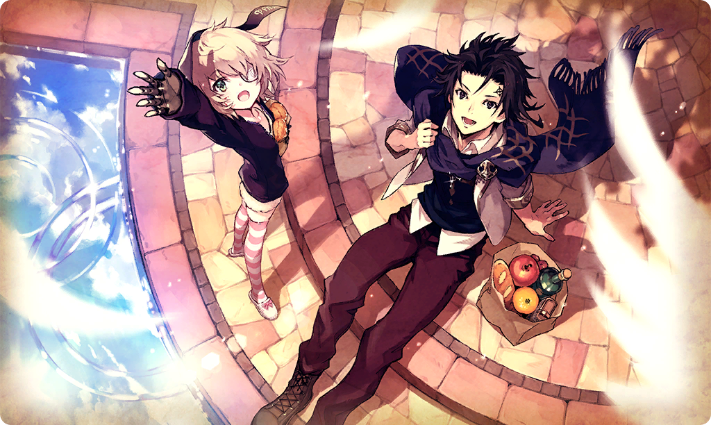 ahat (ta ga tame no alchemist), sol (ta ga tame no alchemist), ta ga tame no alchemist, commentary, official art, third-party source, :d, apple, arm at side, arm support, arm up, bag, baguette, black eyes, black hair, black shirt, boots, bread, brown boots, brown pants, collared jacket, collared shirt, dress shirt, eyepatch, facial mark, food, fruit, green eyes, hood, hood up, jacket, lace-up boots, official alternate costume, open clothes, open jacket, open mouth, pants, paper bag, prosthesis, prosthetic arm, reflection, reflective water, shirt, shoes, shopping bag, short hair, sitting, smile, standing, white jacket, white shirt, white shoes