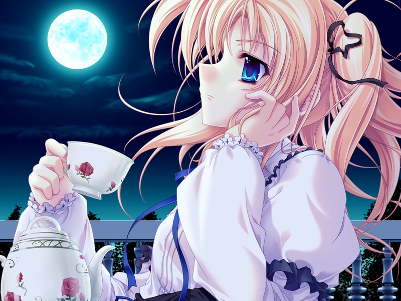 miyama-zero, shirogane tobari, kanojo tachi no ryuugi, 1girl, blonde hair, blue eyes, cup, female focus, hair ribbon, long hair, moon, ribbon, solo, tea, teacup, teapot
