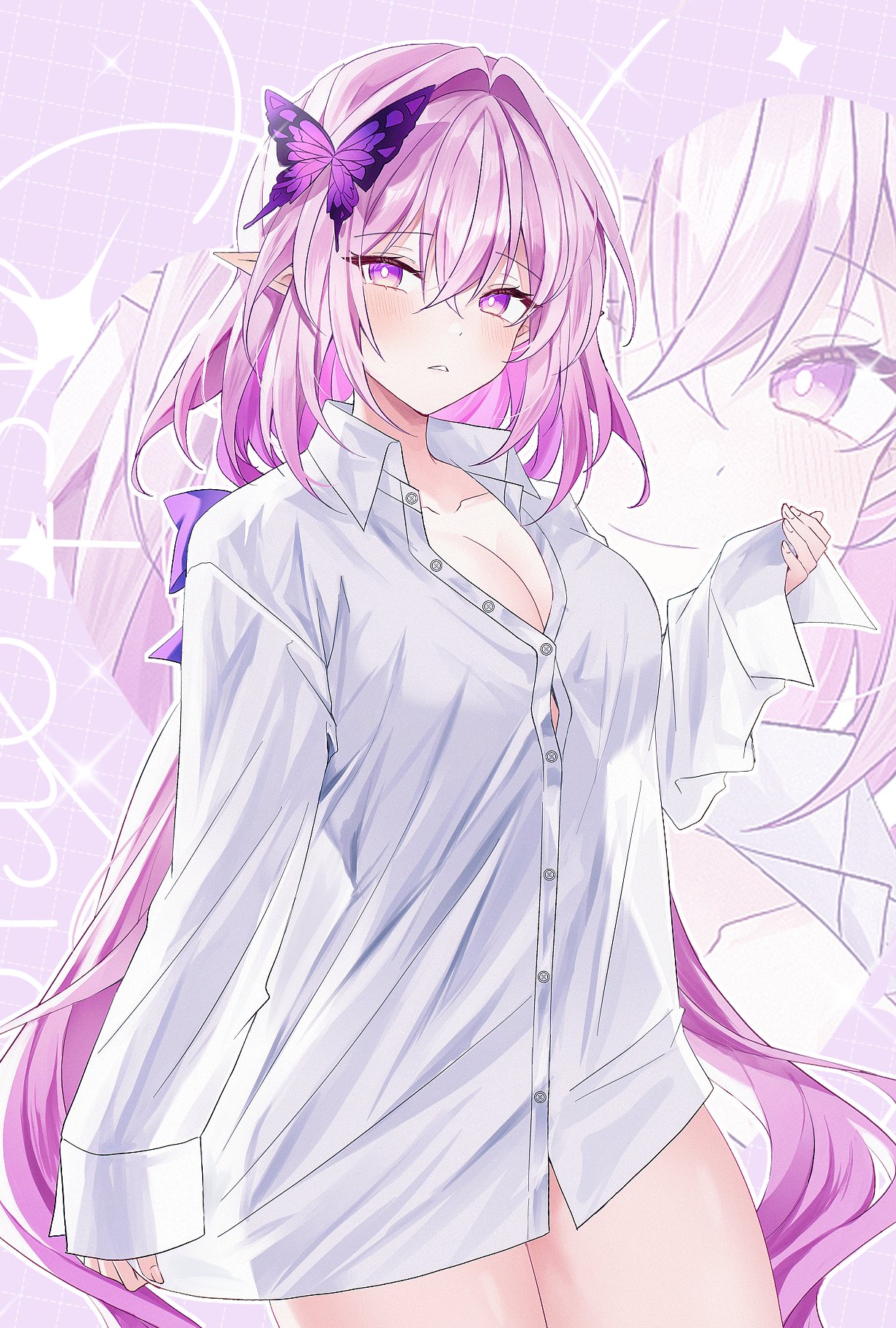 seno (senohime), cyrene (honkai: star rail), honkai: star rail, honkai (series), commentary, highres, symbol-only commentary, 1girl, blush, breasts, bright pupils, butterfly hair ornament, cleavage, collared shirt, cowboy shot, hair between eyes, hair intakes, hair ornament, hand up, long hair, long sleeves, looking at viewer, medium breasts, naked shirt, parted lips, pink hair, pointy ears, purple eyes, shirt, sleeves past wrists, solo, thighs, very long hair, white pupils, white shirt