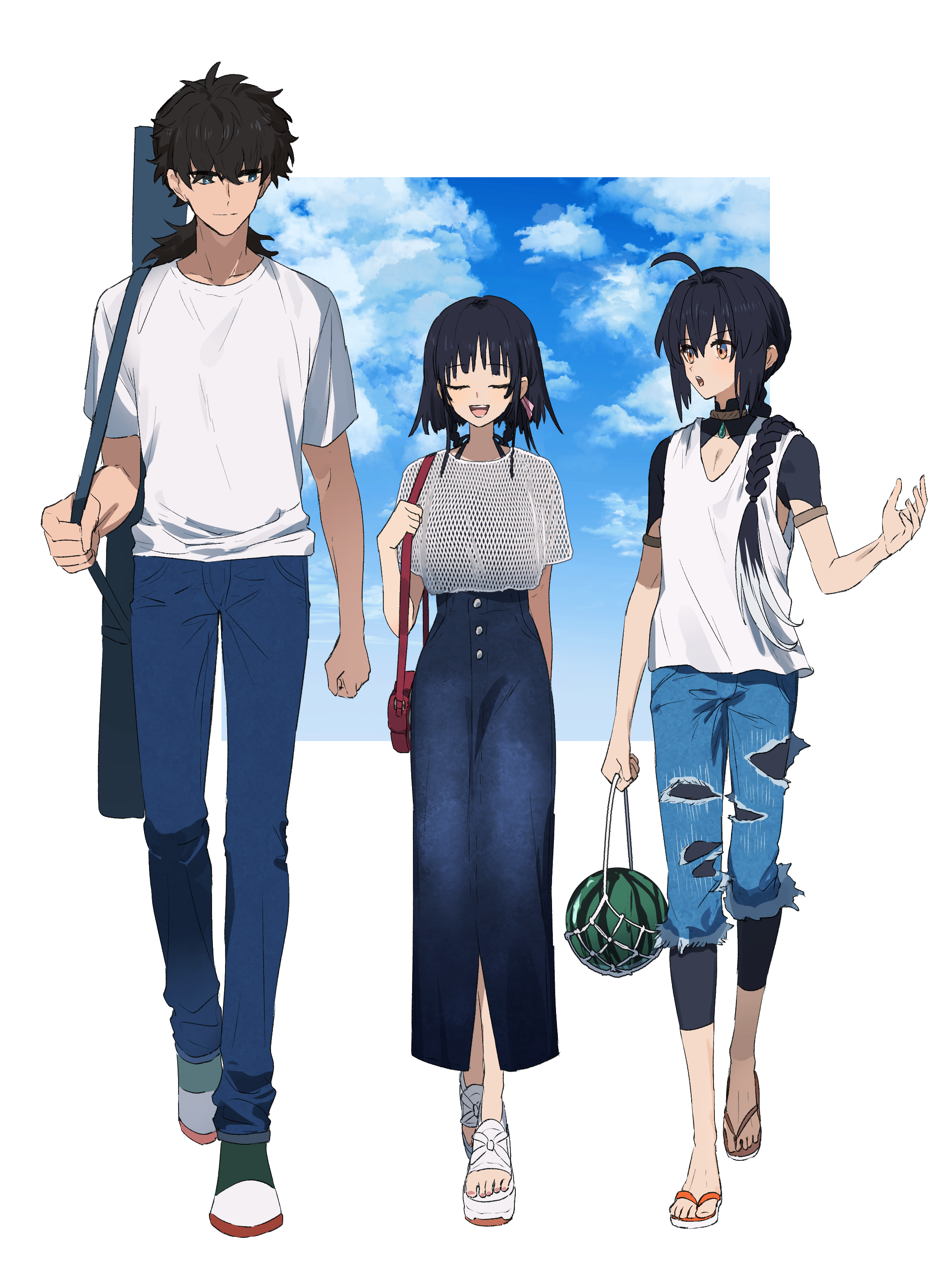 ninjin (ne f g o), miyamoto iori (fate), ogasawara kaya, yamato takeru (fate), fate/samurai remnant, fate (series), absurdres, commentary request, highres, 1boy, 1girl, 1other, ahoge, black hair, blue pants, border, braid, denim, full body, hair over shoulder, jeans, long hair, open mouth, pants, red bag, sandals, shirt, short hair, short sleeves, smile, standing, torn clothes, torn jeans, torn pants, white border, white shirt